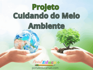 Ilustração com fundo de céu, duas mãos, uma segurando o planeta Terra e a outra uma planta em estilo realista.