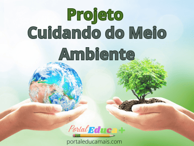 Ilustração com fundo de céu, duas mãos, uma segurando o planeta Terra e a outra uma planta em estilo realista.