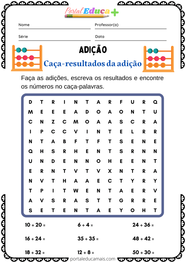 Atividade de Matemática Caça-resultados da Adição