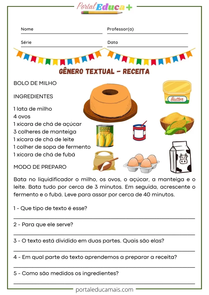 Atividade escolar sobre gênero textual receita com ilustrações de ingredientes e texto de bolo de milho, voltada para alunos do Ensino Fundamental e temática de Festa Junina.