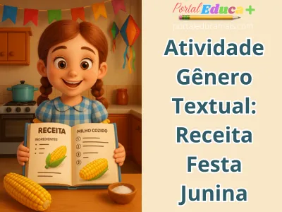 Menina com trajes juninos segurando um livro de receitas com milho cozido, em cozinha decorada com bandeirinhas coloridas e elementos da Festa Junina, estilo Pixar 3D.