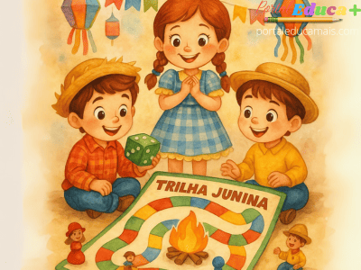 Crianças brincando com o Jogo Trilha Junina em estilo aquarela, com tabuleiro colorido, fogueira central e decoração típica de Festa Junina ao fundo.