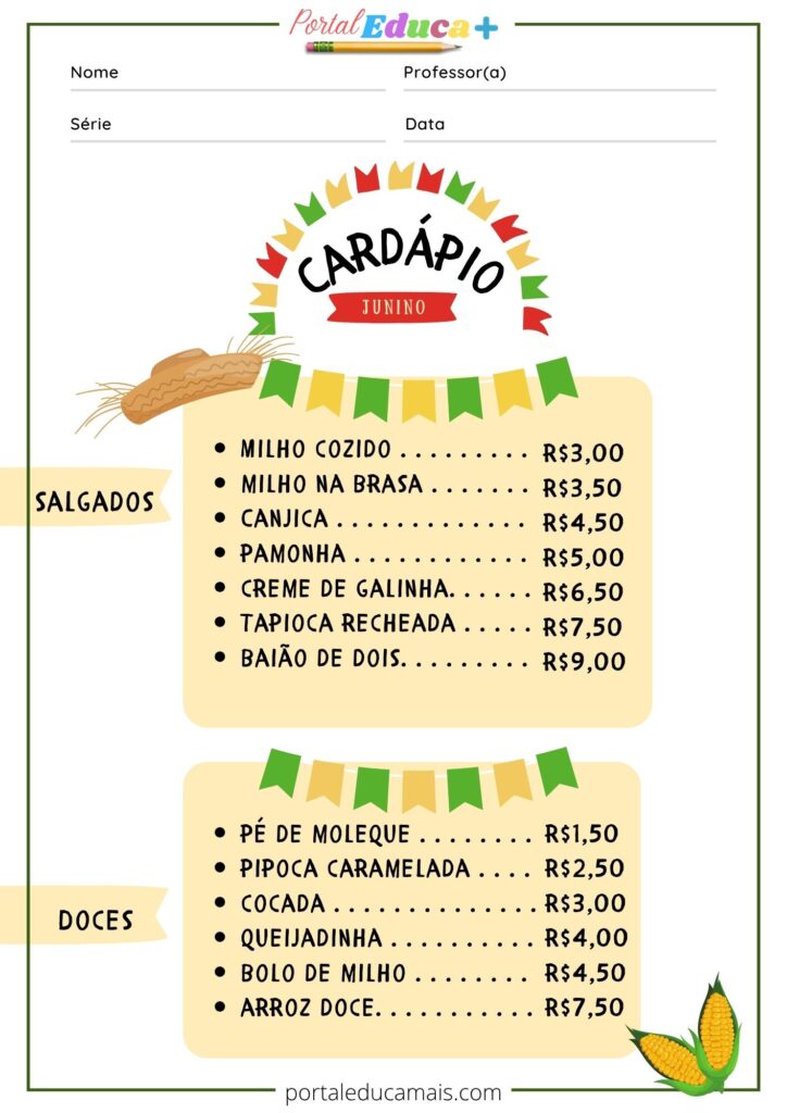 Gênero Textual Cardápio Festa Junina