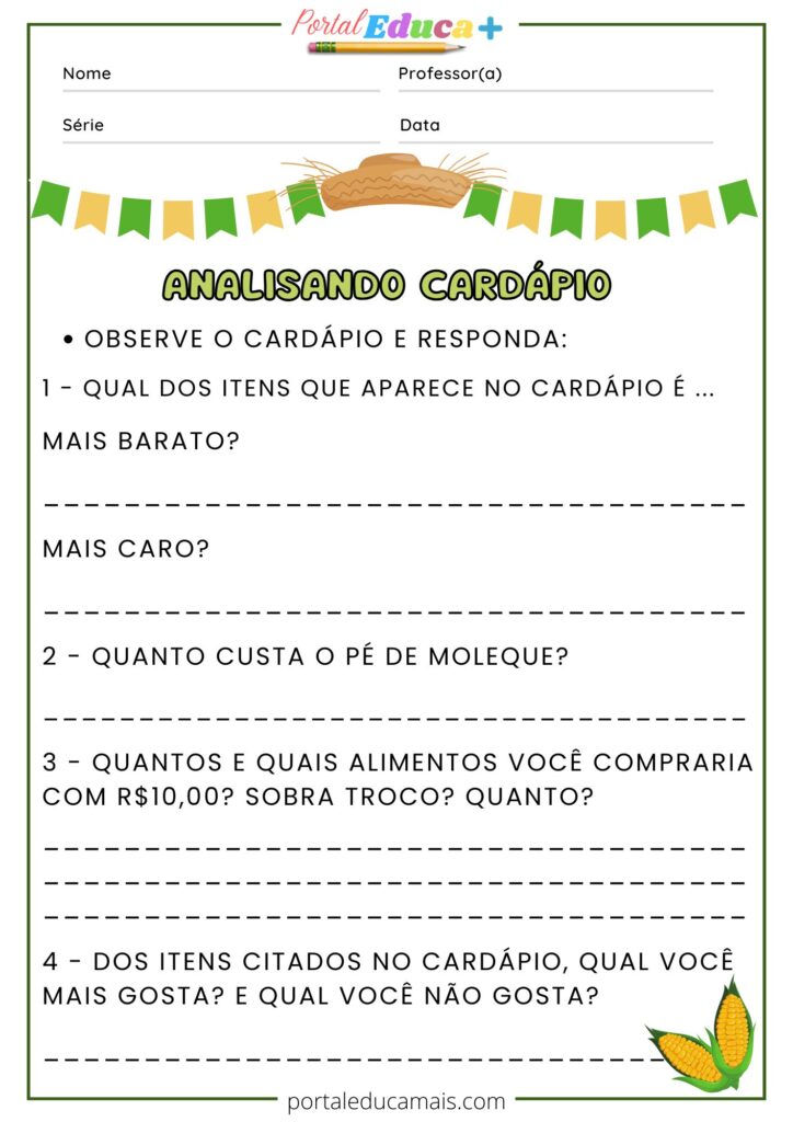 Gênero Textual Cardápio Festa Junina - Atividade