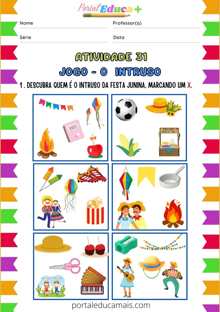 Atividade educativa de Festa Junina com o jogo "O Intruso", onde crianças devem identificar o elemento que não pertence ao conjunto junino em ilustrações coloridas.