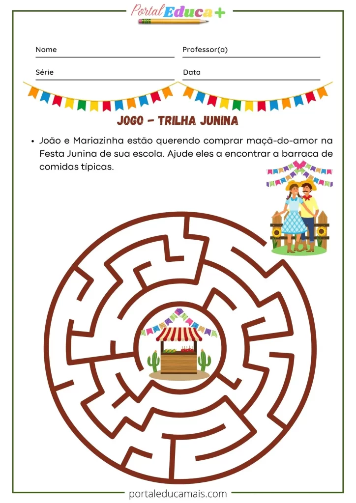 Atividade infantil de Festa Junina com labirinto educativo para encontrar a barraca de comidas típicas, ilustrado com personagens caipiras e decoração junina.