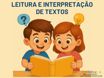 Crianças felizes lendo um livro juntos, com elementos gráficos de interpretação como balão de pergunta e lâmpada acesa, representando compreensão de texto. Leitura e Interpretação de Textos.