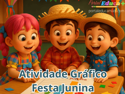 Crianças em estilo Pixar 3D analisando gráfico com comidas típicas de Festa Junina em sala decorada com bandeirinhas e lanternas coloridas.
