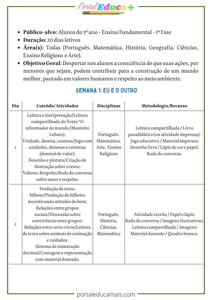 Imagem de planejamento escolar semanal para o 3º ano do Ensino Fundamental, com atividades interdisciplinares nas áreas de Português, Matemática, História, Geografia, Ciências, Arte e Ensino Religioso. Título do projeto: “Juntos por um Mundo Melhor”.
