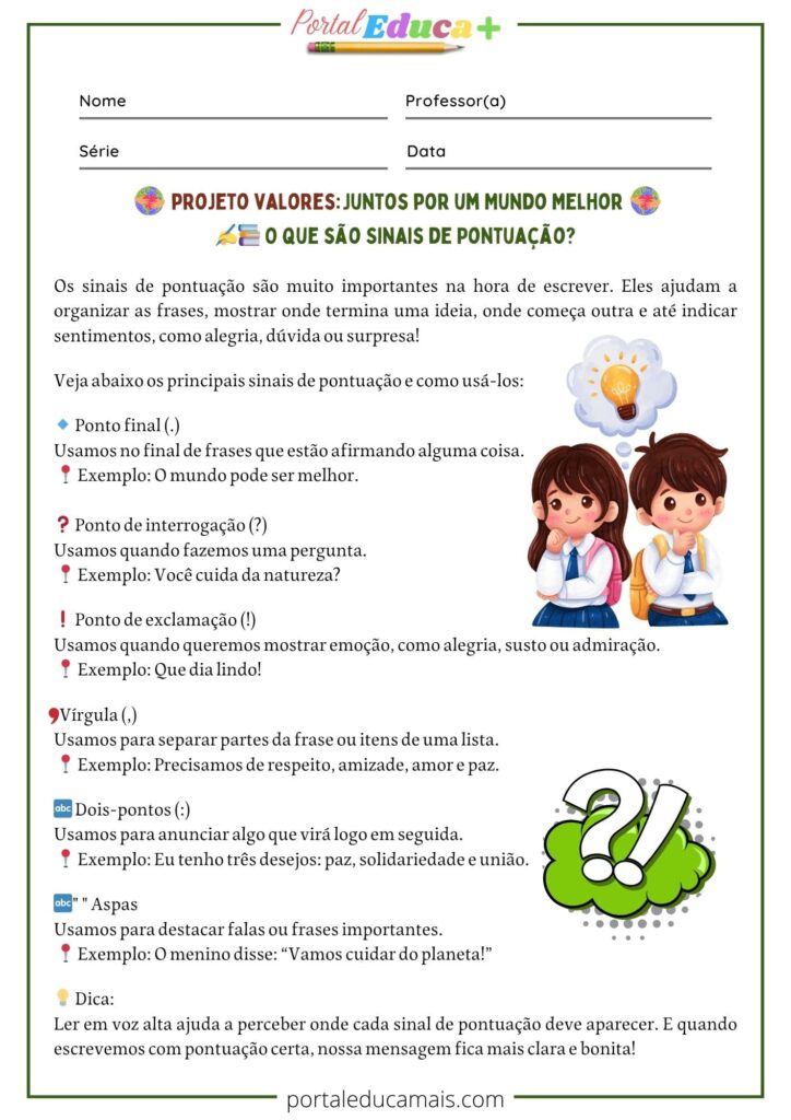 Cartaz educativo com o título "O que são sinais de pontuação?", apresentando explicações ilustradas sobre os principais sinais de pontuação, como ponto final, vírgula, interrogação, exclamação, dois-pontos e aspas.