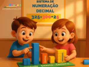 Crianças sorridentes interagem com blocos coloridos que representam unidade, dezena e centena em uma sala de aula, com um cartaz explicativo do sistema de numeração decimal ao fundo.