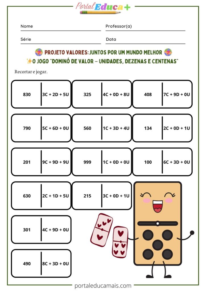 Jogo educativo de dominó sobre o sistema de numeração decimal, com peças ilustradas contendo números e suas decomposições em unidades, dezenas e centenas.