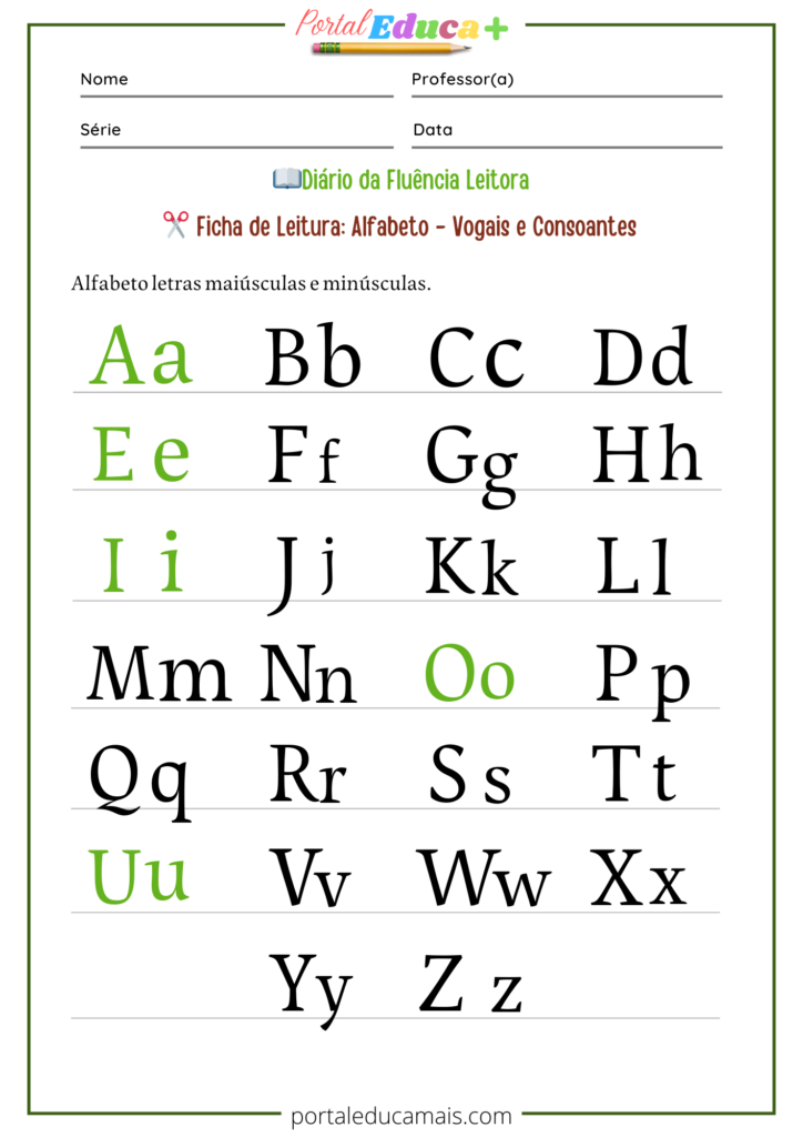 Ficha de leitura - Alfabeto - Vogais e Consoantes - Fluência Leitora