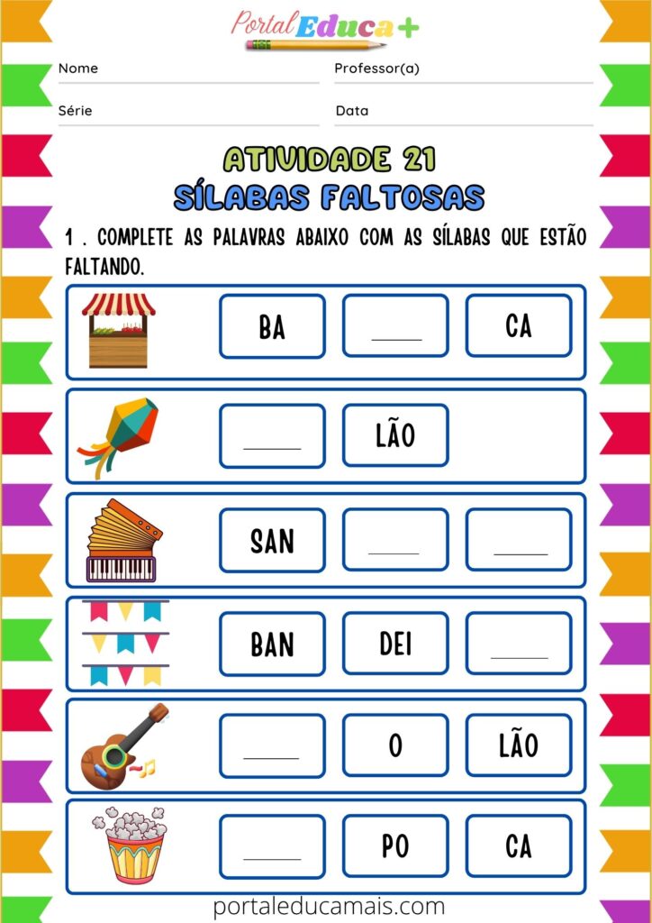Sequência Didática - Festa Junina - Alfabetização - Atividade Silabas Faltosas