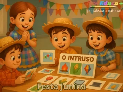 Crianças com trajes juninos jogando o "Jogo – O Intruso – Festa Junina" em uma sala decorada, analisando cartas ilustradas com elementos típicos da festa e um intruso moderno.