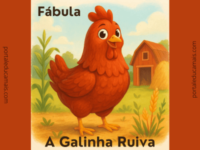 Ilustração infantil da Galinha Ruiva com fundo de fazenda, celeiro e trigo, representando a fábula clássica em estilo aquarela.