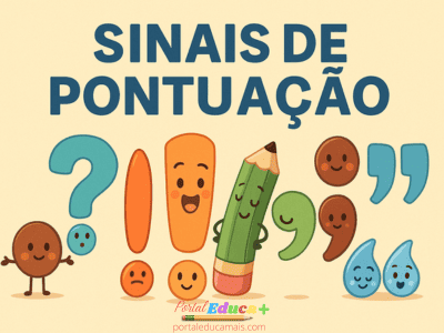 Ilustração colorida e divertida com sinais de pontuação animados e sorridentes acompanhados de um lápis com rosto simpático.