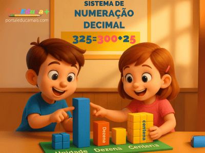 Crianças sorridentes interagem com blocos coloridos que representam unidade, dezena e centena em uma sala de aula, com um cartaz explicativo do sistema de numeração decimal ao fundo.