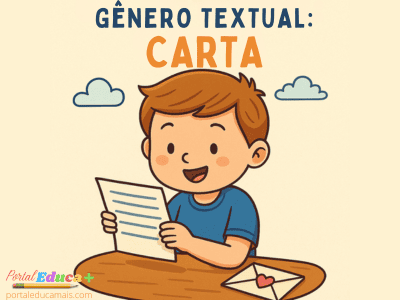 Ilustração infantil de um menino sorridente lendo uma carta em uma mesa, com envelope ao lado e o título “Gênero Textual: Carta” acima da cena.